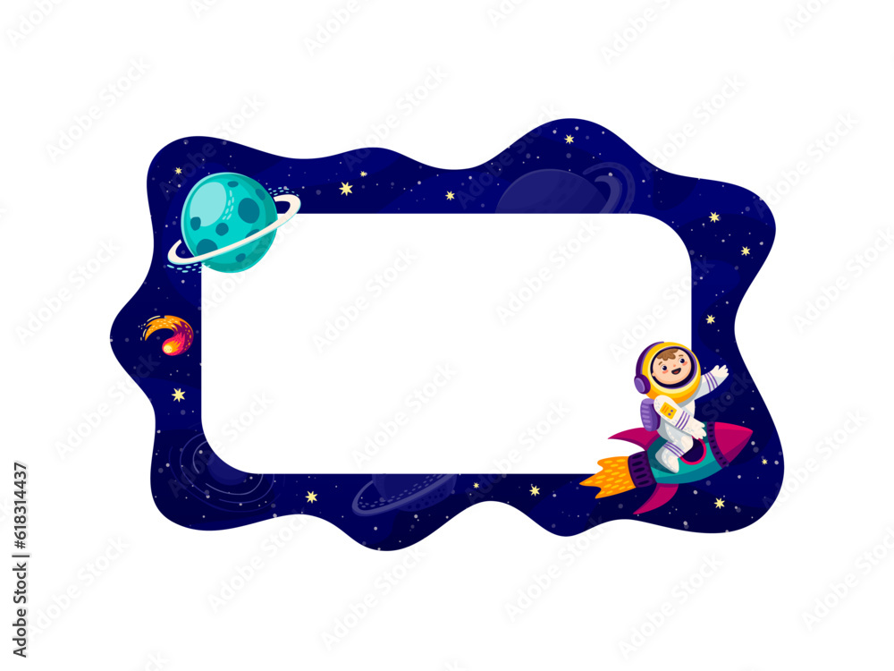 Poster border frame with galaxy space landscape and spaceman adds touch of cosmic wonder, merging the realm