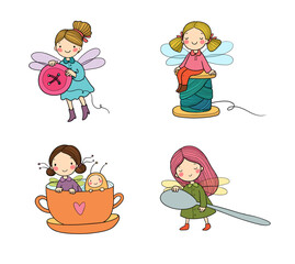 Cute cartoon house fairies. Funny elves. Little girls with wings. Small household items. - 618314449