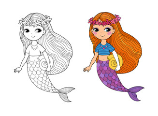 Cute cartoon mermaids. Siren. Sea theme. vector illustration. Beautiful cartoon girl with a fish tail. Illustration for coloring books. Monochrome and colored versions. Vector - 618314638