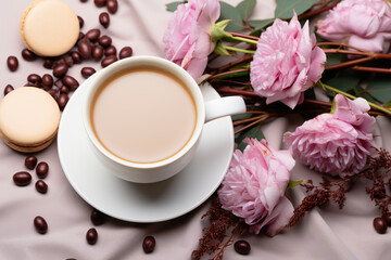 Fototapeta na wymiar cup of coffee with pink rose