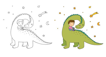 Cute little boy and funny dinosaur. The kid and the dragon. Illustration for coloring books. Monochrome and colored versions. Vector - 618315092