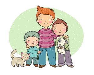 Dad and sons. Three brothers. Three friends and their pets a cat and a dog. - 618315217