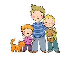 Dad and sons. Three brothers. Three friends and their pets a cat and a dog. - 618315265