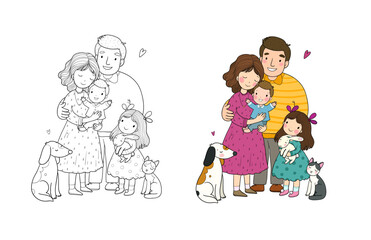 Cute cartoon family and a cat with a dog. Mom, dad and kids. Happy people. Illustration for coloring books. Monochrome and colored versions. Vector - 618315295