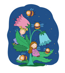 Cute cartoon fairies and bumblebees. Little flower girls with wings. Forest gnomes. Bell flower. Vector - 618315416
