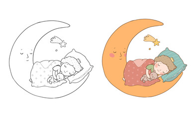 The little prince is sleeping on the moon. Cute cartoon boy in bed. Time to sleep. Good night. Illustration for coloring books. Monochrome and colored versions. Vector - 618315443