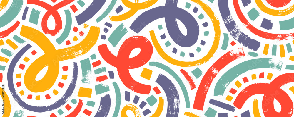 Aufkleber Multi colored squiggled bold lines with loops and dots seamless pattern. Abstract brush drawn curved lines colorful ornament. Loops and small dots. Grunge vector basic shapes, curved thick strokes.