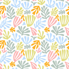 Hand drawn matisse inspired seamless pattern in pastel colors. Organic shape plant elements, simple branch silhouettes with leaves, algae. Contemporary organic shapes branches colored seamless pattern