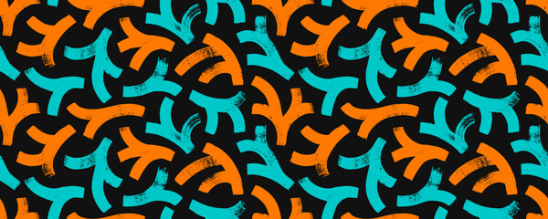 Colorful botanical seamless pattern with geometric bold branches. Brush drawn conifer multi colored texture, spruce or fir tree branches. Vector abstract foliage silhouettes. Decorative background.