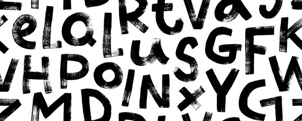 Scattered letters alphabet seamless pattern. Vector black paint texture. Stamp typography banner. Grunge bold font with dry brush texture. Childish style capital letters. Hand drawn typography banner.