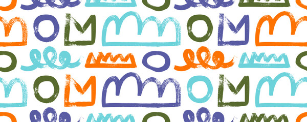 Multi colored brush drawn various geometric figures seamless pattern. Abstract doodle objects and shapes. Childish style colorful seamless pattern with different modern geometric elements.