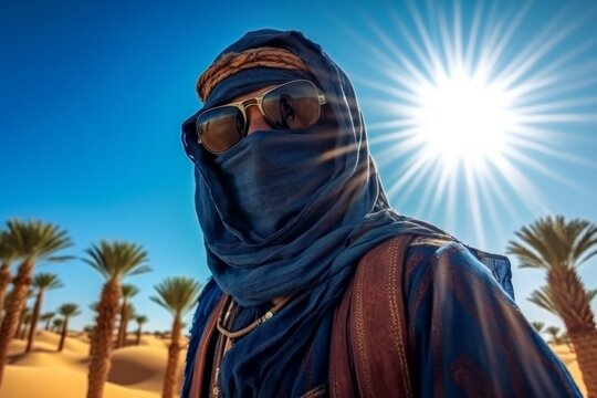 Tuareg man in authentic national blue clothes with a covered face. AI generated, human enhanced