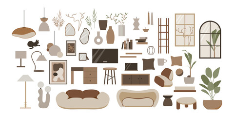 Modern loft living room vector isolated elements set. Stylish home decor in scandinavian style. Boho ethnic apartment in terracotta, pastel white and beige colors. Hygge lifestyle.