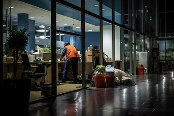 Night office with cleaning staff at work during a quiet late night, generative ai, generative, ai