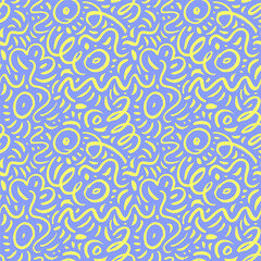 Colored squiggly lines seamless pattern. Brush drawn simple colored doodles and confetti strokes. Trendy abstract ornament with thin curved lines, squiggles. Simple childish scribble pattern. 