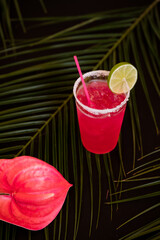 Hot pink Tropical cold drink with salted rim and lime. minimal concept dark background with palm fronds Trendy sunlight summer party aesthetic vacation vibes