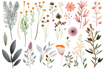 Sketch of various flowers and herbs on a white background. Generative AI.