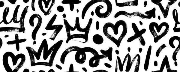 Brush drawn doodle shapes seamless pattern. Hearts, crowns, arrows, crosses, swirls and dots with dry brush texture. Banner background with trendy graffiti style elements. Hand drawn various shapes. - obrazy, fototapety, plakaty
