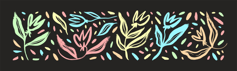 Collection brush drawn naive colorful flowers with various dots. Childish style drawing. Botanical elements isolated on black background. Vector tulip flowers with stems and leaves. Folk style drawing