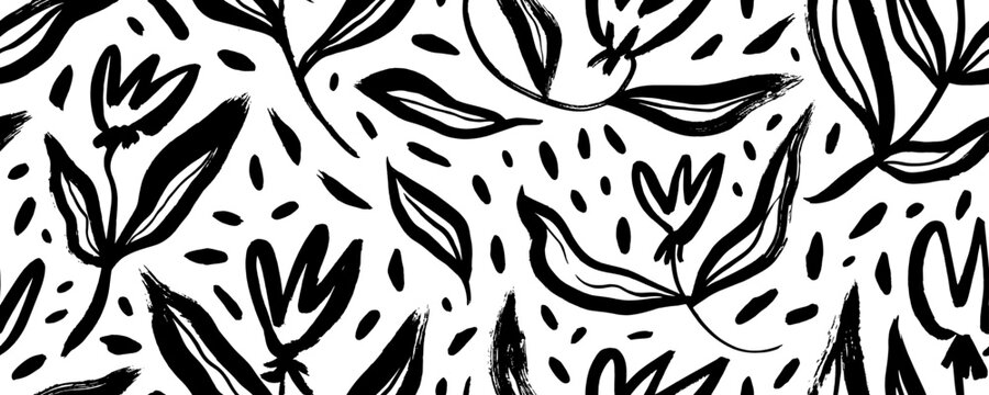 Abstract brush drawn tulip flowers with stems and dots. Seamless banner with hand drawn floral motif. Folk and childish style drawing. Naive seamless floral naive pattern with tulips in doodle style.