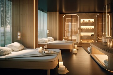 An image capturing a luxurious spa setting with a sauna, massage beds, and refreshing amenities, highlighting the indulgent experience of a pampering sauna spa day. Generative AI
