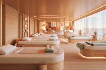 An image capturing a luxurious spa setting with a sauna, massage beds, and refreshing amenities, highlighting the indulgent experience of a pampering sauna spa day. Generative AI