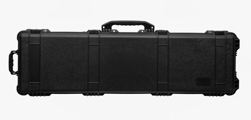 Large modern black case for storing and transporting weapons. Suitcase on wheels with soft foam...