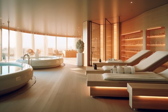 An image capturing a luxurious spa setting with a sauna, massage beds, and refreshing amenities, highlighting the indulgent experience of a pampering sauna spa day. Generative AI
