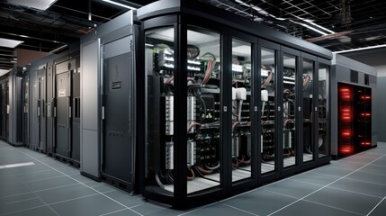 Depict a state of the art data center with rows of server racks, cooling systems, and redundant power supplies