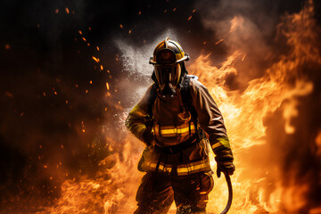 Fototapeta premium fireman using water and extinguisher to fighting