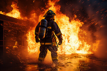 fireman using water and extinguisher to fighting