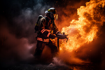 fireman using water and extinguisher to fighting