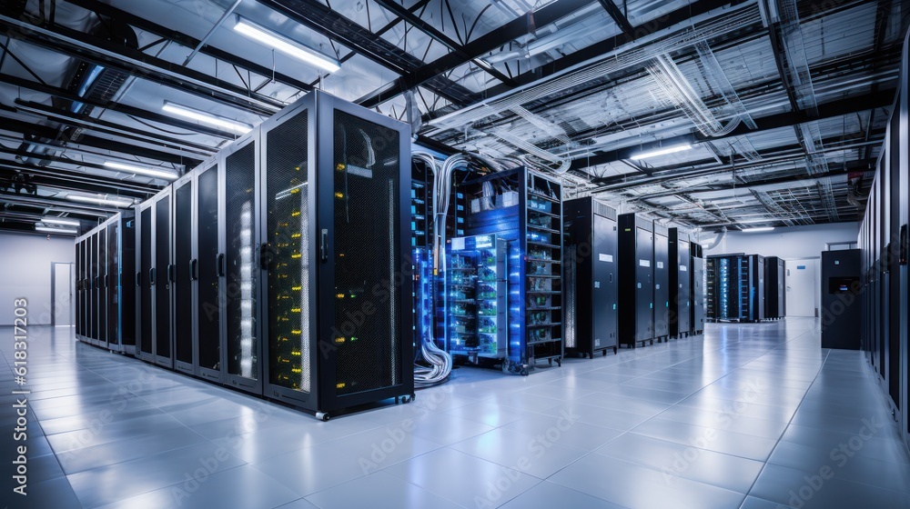 Aufkleber depict a state of the art data center with rows of server racks, cooling systems, and redundant powe