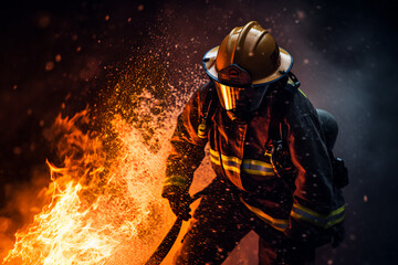 fireman using water and extinguisher to fighting