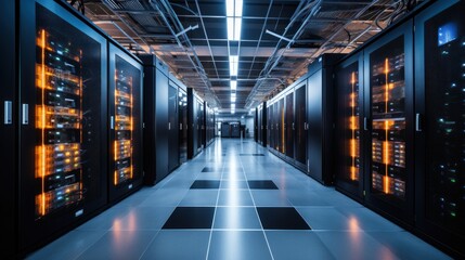 Fototapeta premium Depict a state of the art data center with rows of server racks, cooling systems, and redundant power supplies