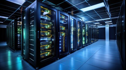 Depict a state of the art data center with rows of server racks, cooling systems, and redundant power supplies