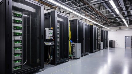 Naklejka premium Depict a state of the art data center with rows of server racks, cooling systems, and redundant power supplies