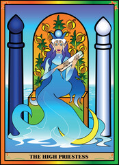 The tarot card is the high priestess. The priestess sits on a throne of fruit, commanding the elements of water and the power of the moon. The priestess holds a scroll of secret knowledge.