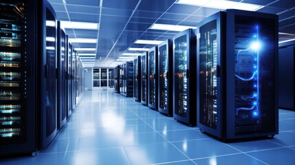 Depict a state of the art data center with rows of server racks, cooling systems, and redundant power supplies