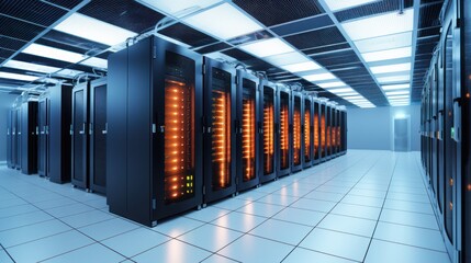 Depict a state of the art data center with rows of server racks, cooling systems, and redundant power supplies