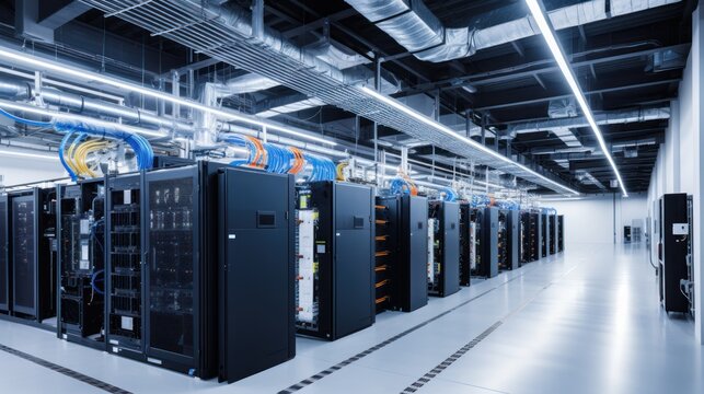 Depict a state of the art data center with rows of server racks, cooling systems, and redundant power supplies