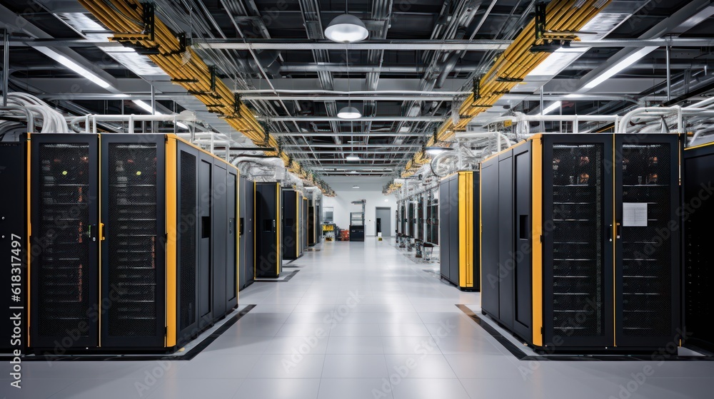 Aufkleber depict a state of the art data center with rows of server racks, cooling systems, and redundant powe