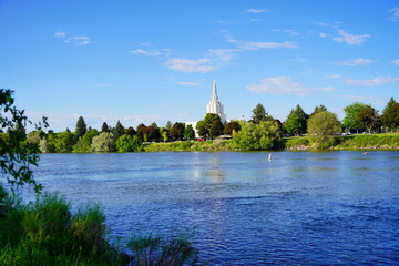 The landscape of city Idaho Falls: Waterfall on the Snake River in central city Idaho Falls	