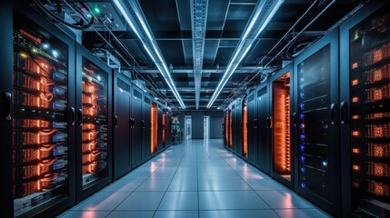 Depict a state of the art data center with rows of server racks, cooling systems, and redundant power supplies
