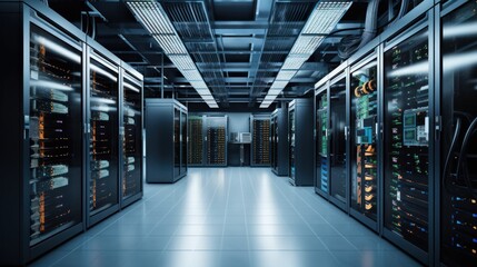 Depict a state of the art data center with rows of server racks, cooling systems, and redundant power supplies