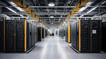 Depict a state of the art data center with rows of server racks, cooling systems, and redundant power supplies - Powered by Adobe