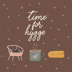 Time for hygge concept template with furniture and hot coffee Vector
