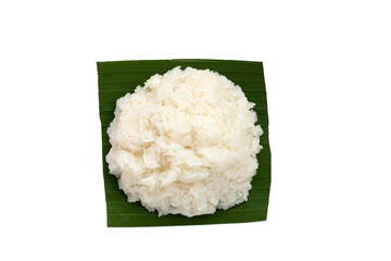 Sticky rice on banana leaf on white background.