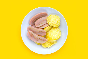 Boiled bananas with boiled sweet potatoes. Delicious fruit dessert