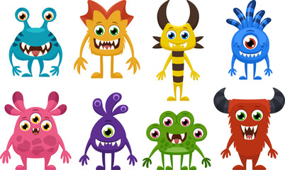 Cute cartoon monsters vector collection isolated on white background.